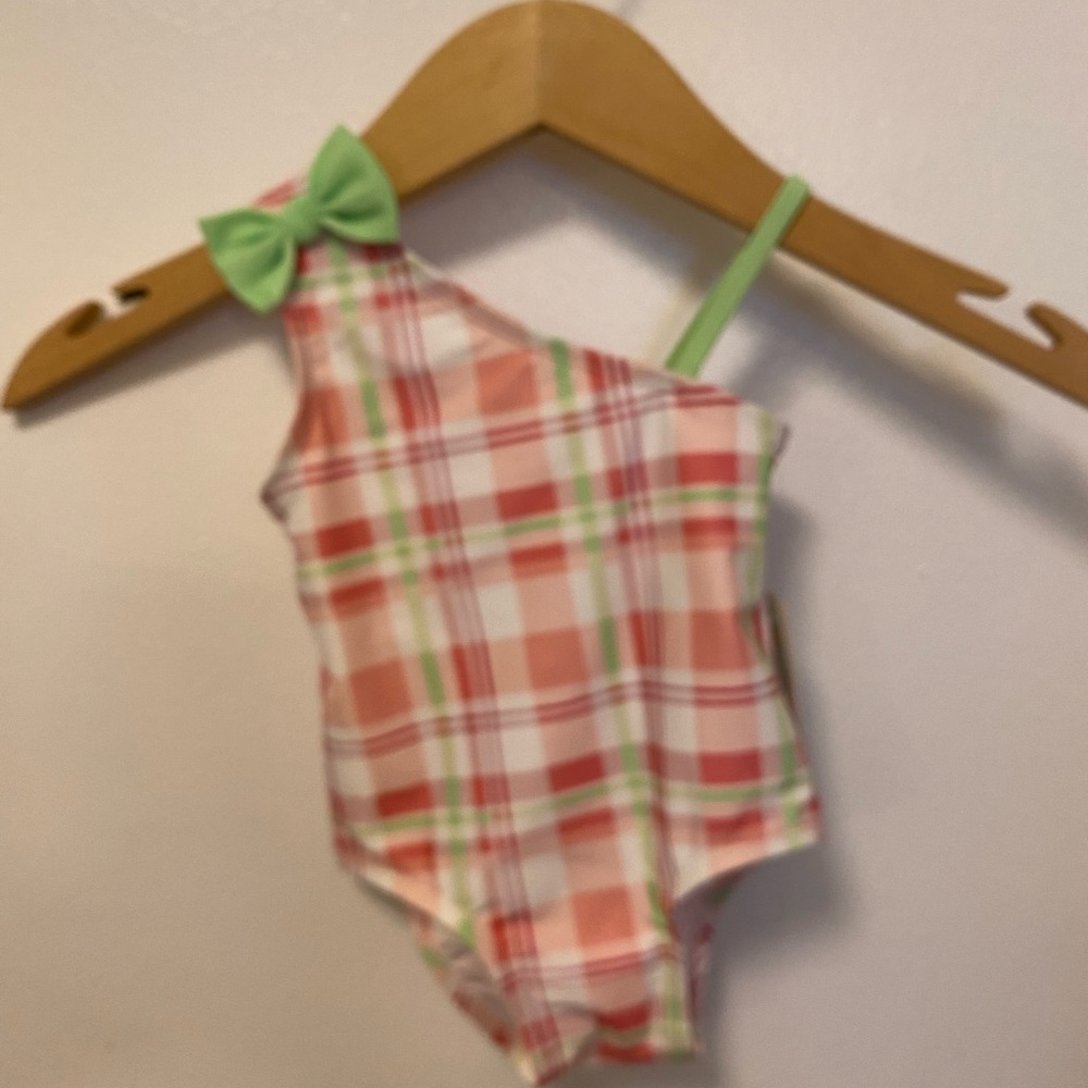Plaid One-Shoulder Kids Swim One Piece. 18 months.